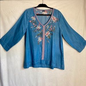 Embroidered Chambray Denim Top by Reba -  Denim Tunic - Size Large